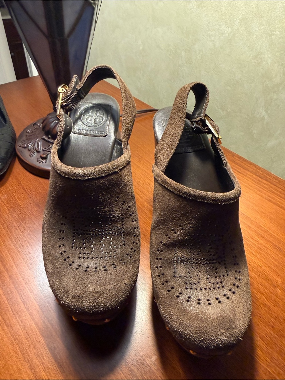 Tory Burch Brown Suede Slingback Clogs with Perforated Detail